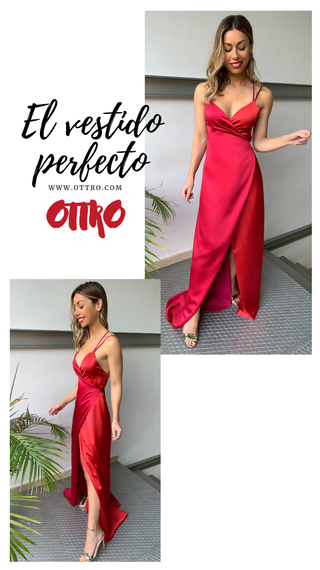 Vestido rojo satinado con en espalda y cruzados - OTTRO.com