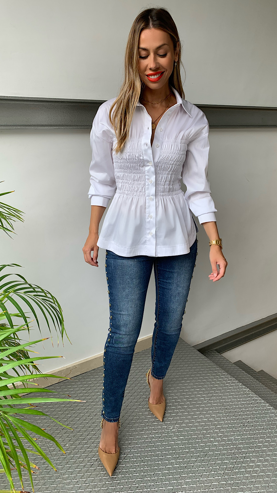 Blusa blanca fruncida manga larga - Santa Malibu